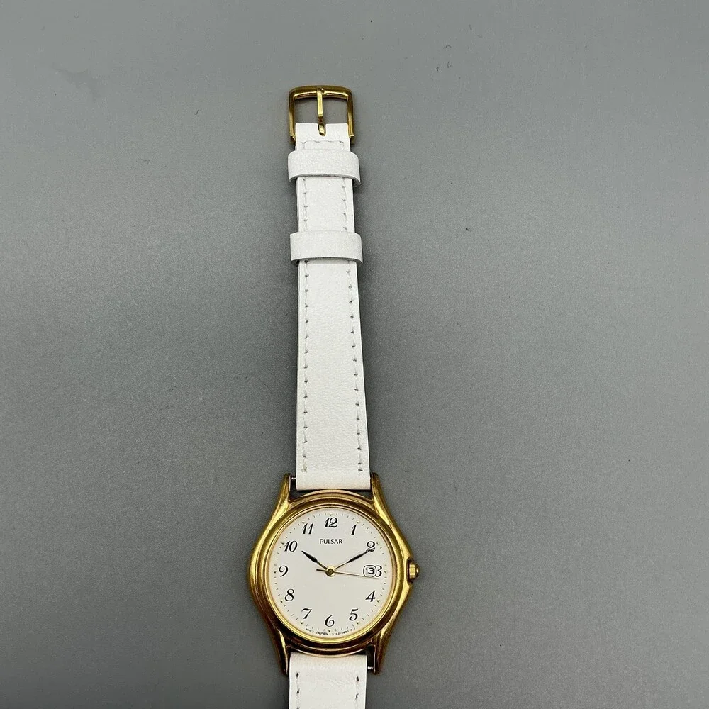 Pulsar V782-0E30 Womens Watch 28mm Gold Tone White Leather New Battery